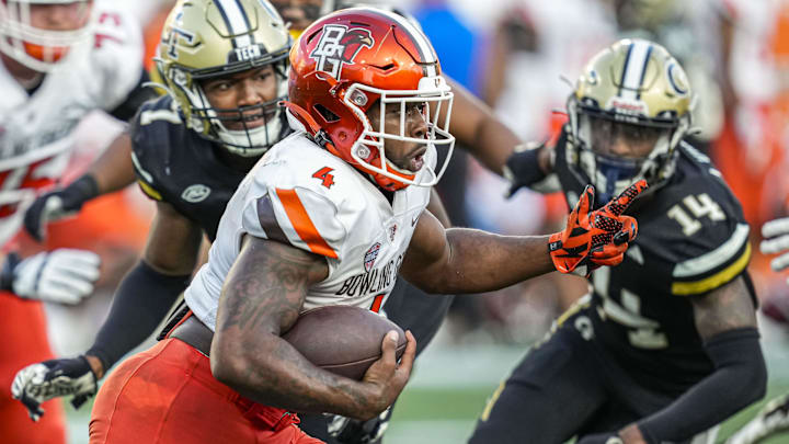 Sep 30, 2023; Atlanta, Georgia, USA; Bowling Green Falcons running back Terion Stewart (4) runs the ball against the Georgia Tech Yellow Jackets during the second half at Hyundai Field. Mandatory Credit: Dale Zanine-Imagn Images