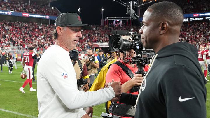Oct 19, 2025; Santa Clara, California, USA; San Francisco 49ers head coach Kyle Shanahan (left) shakes hands with Atlanta Falcons head coach Raheem Morris (right) after the game at Levi's Stadium. Mandatory Credit: Darren Yamashita-Imagn Images Oct 19, 2025; Santa Clara, California, USA; San Francisco 49ers head coach Kyle Shanahan (left) shakes hands with Atlanta Falcons head coach Raheem Morris (right) after the game at Levi's Stadium. Mandatory Credit: Darren Yamashita-Imagn Images