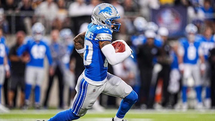 Detroit Lions kick return Jakobie Keeney-James (80) returns a kick off against LA Chargers during the first half of the Hall of Fame Game at Tom Benson Hall of Fame Stadium in Canton, Ohio on Thursday, July 31, 2025.