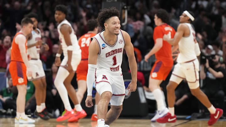 Mar 30, 2024; Los Angeles, CA, USA;  Alabama Crimson Tide guard Mark Sears (1) reacts in the second