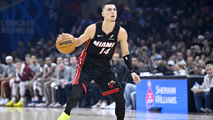 Mar 25, 2026; Cleveland, Ohio, USA; Miami Heat guard Tyler Herro (14) brings the ball up court in the first quarter against the Cleveland Cavaliers at Rocket Arena. Mandatory Credit: David Richard-Imagn Images Mar 25, 2026; Cleveland, Ohio, USA; Miami Heat guard Tyler Herro (14) brings the ball up court in the first quarter against the Cleveland Cavaliers at Rocket Arena. Mandatory Credit: David Richard-Imagn Images
