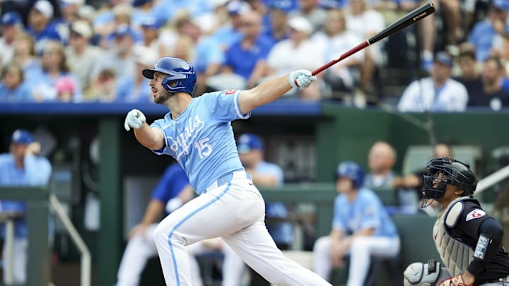 Sep 2, 2024; Kansas City, Missouri, USA; Kansas City Royals third baseman Paul DeJong (15) bats during the seventh inning against the Cleveland Guardians at Kauffman Stadium. 