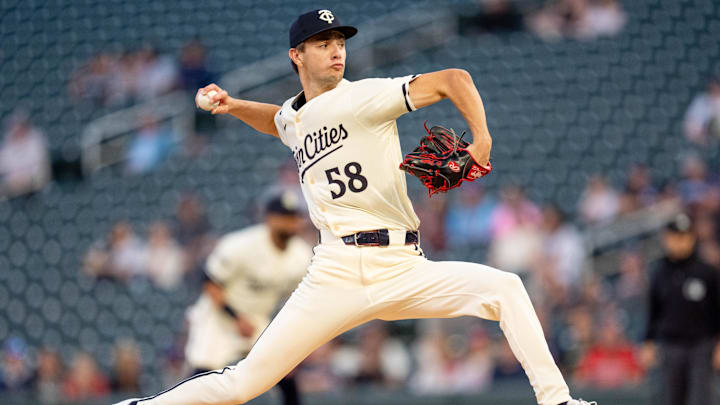 Sep 26, 2024; Minneapolis, Minnesota, USA; Minnesota Twins pitcher David Festa (58) pitches against the Miami Marlins in the first inning at Target Field. Sep 26, 2024; Minneapolis, Minnesota, USA; Minnesota Twins pitcher David Festa (58) pitches against the Miami Marlins in the first inning at Target Field.