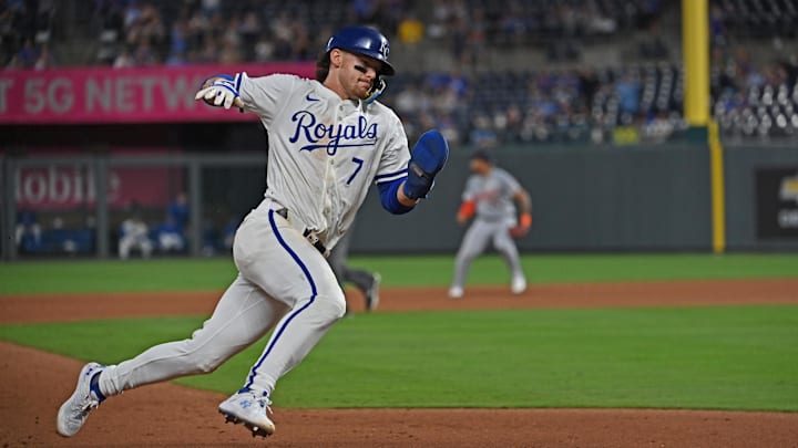 Sep 18, 2024; Kansas City, Missouri, USA; Kansas City Royals shortstop Bobby Witt Jr. (7) rounds third base to score a run in the eighth inning against the Detroit Tigers at Kauffman Stadium. Mandatory Credit: Peter Aiken-Imagn Images Sep 18, 2024; Kansas City, Missouri, USA; Kansas City Royals shortstop Bobby Witt Jr. (7) rounds third base to score a run in the eighth inning against the Detroit Tigers at Kauffman Stadium. Mandatory Credit: Peter Aiken-Imagn Images