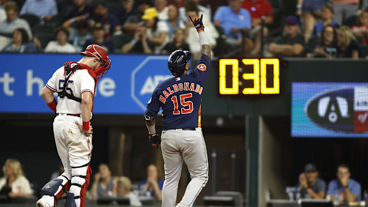 Sep 5, 2023; Arlington, Texas, USA; Houston Astros catcher Martin Maldonado (15) celebrates a home