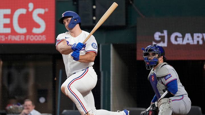 Sep 24, 2026; Arlington, Texas, USA; Texas Rangers left fielder Wyatt Langford (36) hits a single against the New York Mets during the sixth inning at Globe Life Field. Mandatory Credit: Raymond Carlin III-Imagn Images Sep 24, 2026; Arlington, Texas, USA; Texas Rangers left fielder Wyatt Langford (36) hits a single against the New York Mets during the sixth inning at Globe Life Field. Mandatory Credit: Raymond Carlin III-Imagn Images
