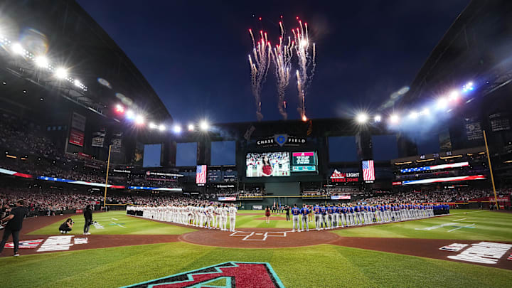 The players take the field as the Arizona Diamondbacks play their Opening Day game against the Chicago Cubs at Chase Field in Phoenix, on March 27, 2025.