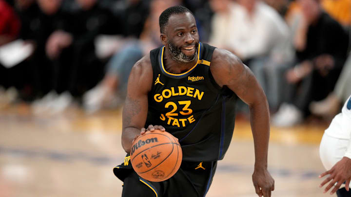 May 12, 2025; San Francisco, California, USA; Golden State Warriors forward Draymond Green (23) dribbles the ball against the Minnesota Timberwolves in the fourth quarter during game four of the second round for the 2025 NBA Playoffs at Chase Center. Mandatory Credit: Cary Edmondson-Imagn Images
