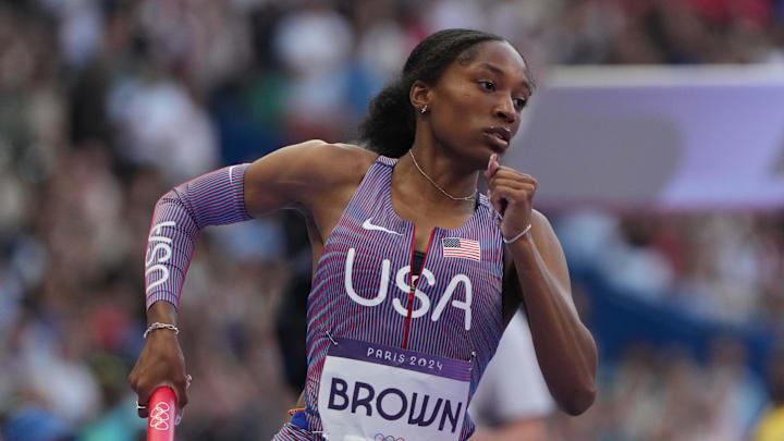 Aug 2, 2024; Paris, FRANCE; Kaylyn Brown (USA) in the 4x400m relay mixed round 1 during the Paris 2024 Olympic Summer Games at Stade de France. Mandatory Credit: Kirby Lee-USA TODAY Sports