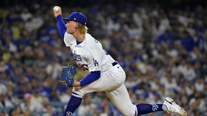 Oct 7, 2023; Los Angeles, California, USA; Los Angeles Dodgers relief pitcher Emmet Sheehan (80) throws a pitch against the Arizona Diamondbacks in the first inning for game one of the NLDS for the 2023 MLB playoffs at Dodger Stadium. Mandatory Credit: Jayne Kamin-Oncea-Imagn Images