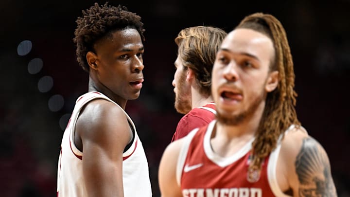 Jan 31, 2026; Tallahassee, Florida, USA; Florida State Seminoles forward Thomas Bassong (3) looks at Stanford Cardinal guard Jermey Dent-Smith (25) during the second half at Donald L. Tucker Center. Mandatory Credit: Melina Myers-Imagn Images