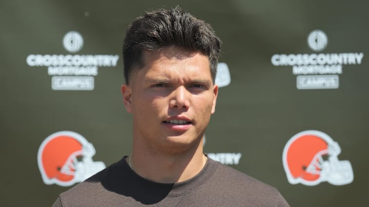 May 10, 2025; Berea, OH, USA; Cleveland Browns quarterback Dillon Gabriel (5) talks to the media during rookie minicamp at CrossCountry Mortgage Campus.