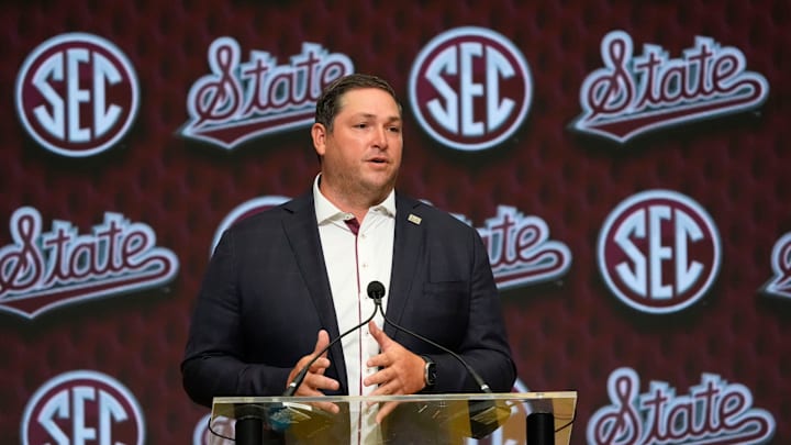 July 16, 2025; Atlanta, GA, USA; Mississippi State head coach Jeff Lebby speaks in the Main Media Room during SEC Media Days at the College Football Hall of Fame in Atlanta.