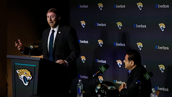 New Jacksonville Jaguars head coach Liam Coen speaks as Jaguars owner Shad Khan looks on during a press conference Monday, Jan. 27, 2025 at the Miller Electric Center in Jacksonville, Fla. [Corey Perrine/Florida Times-Union]