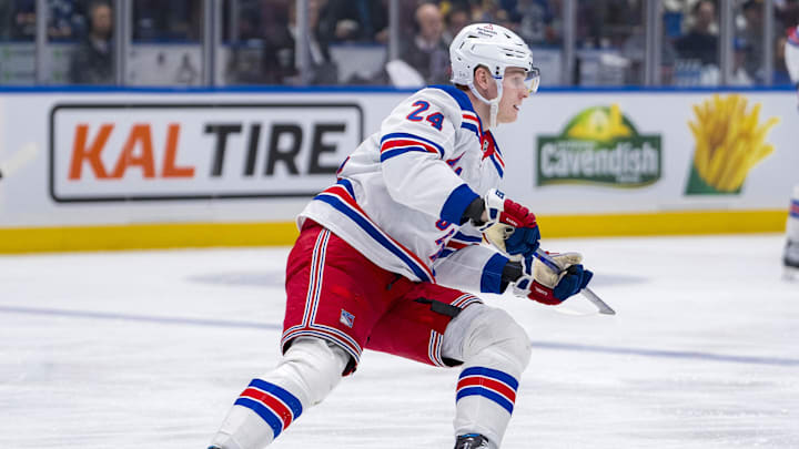 Nov 19, 2024; Vancouver, British Columbia, CAN; New York Rangers forward Kaapo Kakko (24) skates against the Vancouver Canucks during the third period at Rogers Arena. Mandatory Credit: Bob Frid-Imagn Images