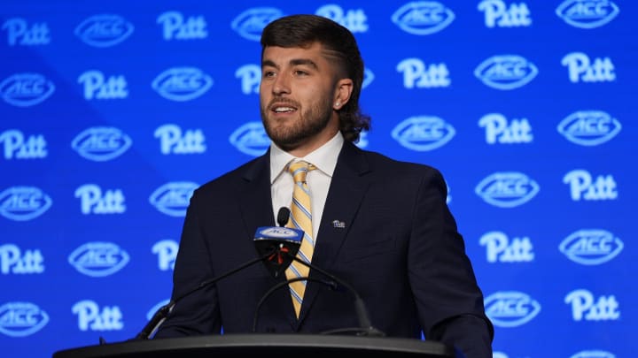 Jul 23, 2024; Charlotte, NC, USA; Pitt tight end Gavin Bartholomew answers questions from the media during the ACC Kickoff at Hilton Charlotte Uptown. Mandatory Credit: Jim Dedmon-USA TODAY Sports