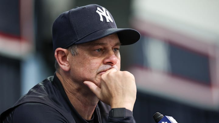 Feb 13, 2025; Tampa, FL, USA; New York Yankees manager Aaron Boone (17) gives a press conference during spring training workouts at George M. Steinbrenner Field. 