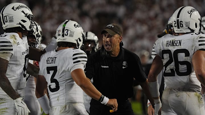 Iowa State cyclones football head coach Matt Campbell celebrates with team after score a touchdown against Arizona during the third quarter in the Big-12 conference showdown on Sept. 27, 2025, at Jack Trice Stadium in Ames, Iowa.