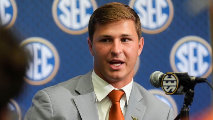 Texas safety Michael Taaffe talks to the media during SEC Media Days at the College Football Hall of Fame in Atlanta.
