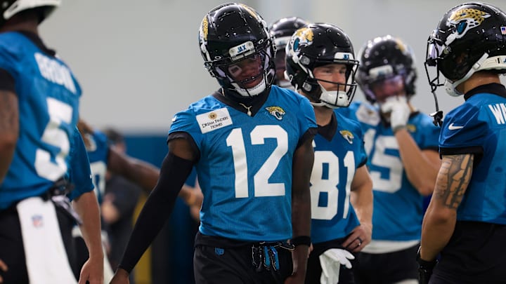 Jacksonville Jaguars wide receiver Travis Hunter (12) looks on during the 10th organized team activity at Miller Electric Center Wednesday, June 4, 2025 in Jacksonville, Fla. [Corey Perrine/Florida Times-Union]