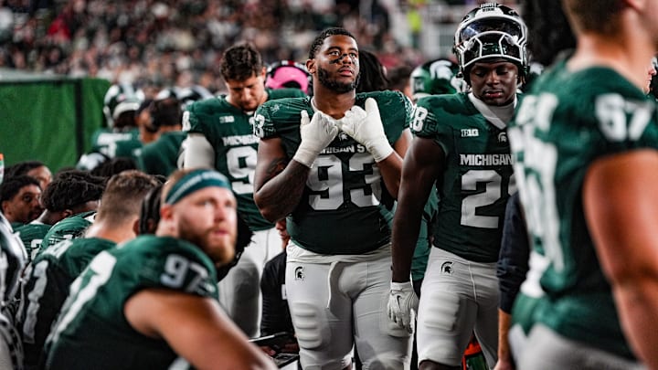 Michigan State Spartans defensive lineman Jalen Satchell (93) looks up at the clock towards the end of the third quarter the NCAA football game against Ohio State University at Spartan Stadium in East Lansing, Saturday, Sept. 28, 2024. Ohio State won 38-7. Michigan State Spartans defensive lineman Jalen Satchell (93) looks up at the clock towards the end of the third quarter the NCAA football game against Ohio State University at Spartan Stadium in East Lansing, Saturday, Sept. 28, 2024. Ohio State won 38-7.