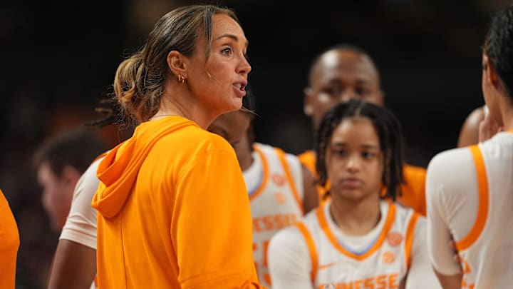 Mar 5, 2026; Greenville, SC, USA; Tennessee Volunteers head coach Kim Caldwell tails wot her tea, during a time out against the Alabama Crimson Tide during the first half at Bon Secours Wellness Arena. Mandatory Credit: Jim Dedmon-Imagn Images