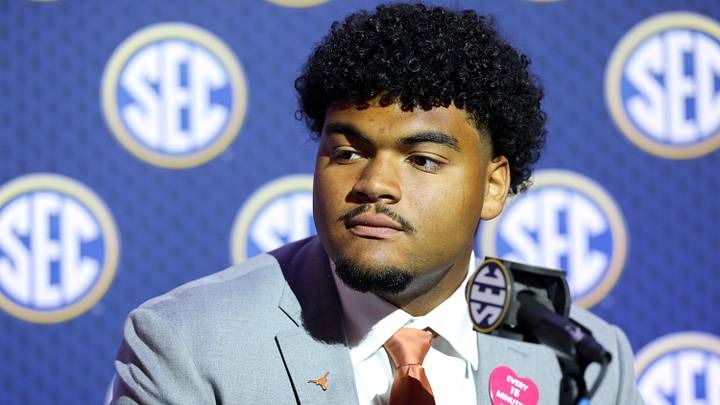 Texas Longhorns offensive lineman Trevor Goosby (74) speaks to the press during SEC Football Kickoff Media Day at the Tampa Marriott. Texas Longhorns offensive lineman Trevor Goosby (74) speaks to the press during SEC Football Kickoff Media Day at the Tampa Marriott.