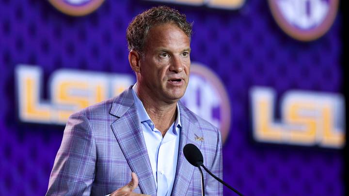 LSU Tigers head coach Lane Kiffin speaks to the press during SEC Football Kickoff Media Day at the Tampa Marriott. 