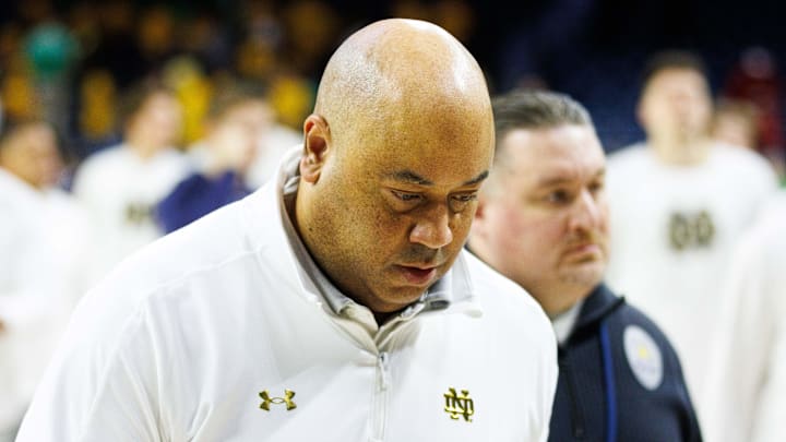 Notre Dame head coach Micah Shrewsberry walks off the court after losing a NCAA men's basketball game 75-60 against Louisville at Purcell Pavilion on Sunday, Feb. 16, 2025, in South Bend.