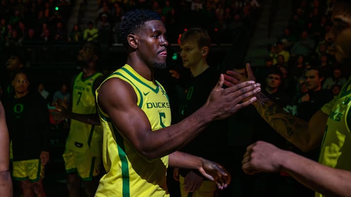 Jan 2, 2025; Eugene, Oregon, USA; Oregon Ducks guard TJ Bamba (5) is introduced before the game against the Illinois Fighting Illini at Matthew Knight Arena.