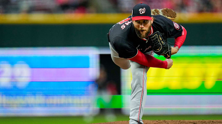 Washington Nationals pitcher Trevor Williams (32) throws a pitch in the first inning of the MLB National League game between the Cincinnati Reds and the Washington Nationals at Great American Ball Park in downtown Cincinnati on Saturday, May 3, 2025. The Reds led 3-2 in the fourth inning.
