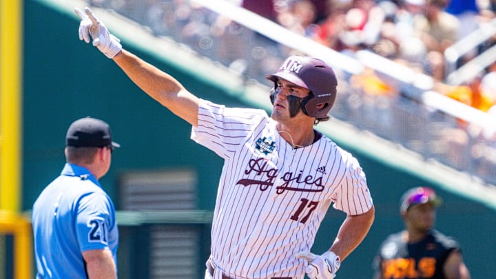 Texas A&M Aggies right fielder Jace Laviolette celebrates after hitting a home run against the Tennessee Volunteers. Texas A&M Aggies right fielder Jace Laviolette celebrates after hitting a home run against the Tennessee Volunteers.