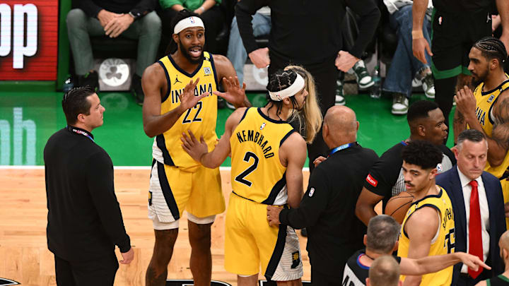May 23, 2024; Boston, Massachusetts, USA; Indiana Pacers forward Isaiah Jackson (22) reacts after receiving a technical foul against the Boston Celtics in the second half during game two of the eastern conference finals for the 2024 NBA playoffs at TD Garden. Mandatory Credit: Brian Fluharty-Imagn Images May 23, 2024; Boston, Massachusetts, USA; Indiana Pacers forward Isaiah Jackson (22) reacts after receiving a technical foul against the Boston Celtics in the second half during game two of the eastern conference finals for the 2024 NBA playoffs at TD Garden. Mandatory Credit: Brian Fluharty-Imagn Images