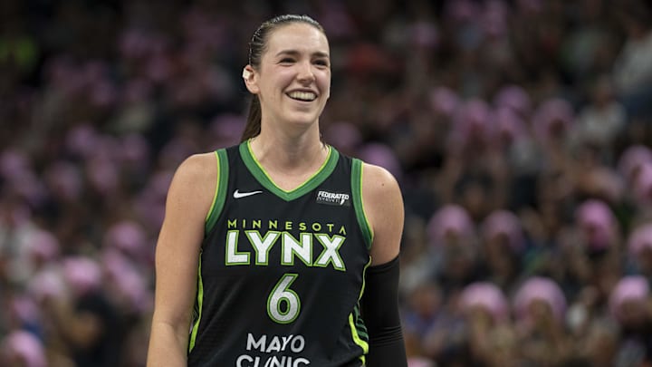 Sep 11, 2025; Minneapolis, Minnesota, USA; Minnesota Lynx forward Bridget Carleton (6) smiles after a foul is called against the Golden State Valkyries in the second half at Target Center. Mandatory Credit: Jesse Johnson-Imagn Images Sep 11, 2025; Minneapolis, Minnesota, USA; Minnesota Lynx forward Bridget Carleton (6) smiles after a foul is called against the Golden State Valkyries in the second half at Target Center. Mandatory Credit: Jesse Johnson-Imagn Images