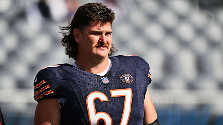 Oct 15, 2023; Chicago, Illinois, USA;  Chicago Bears offensive lineman Dan Feeney (67) warms up before a game against the Minnesota Vikings at Soldier Field. Mandatory Credit: Jamie Sabau-Imagn Images