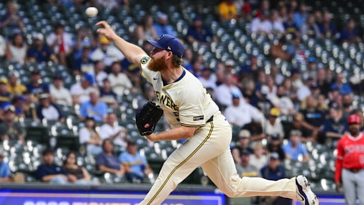 Sep 17, 2025; Milwaukee, Wisconsin, USA; Milwaukee Brewers starting pitcher Brandon Woodruff (53) throws against the Los Angeles Angels in the first inning at American Family Field. Mandatory Credit: Benny Sieu-Imagn Images
