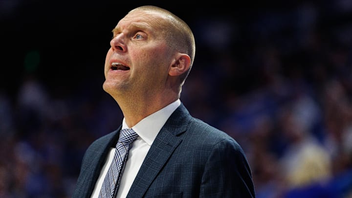 Nov 4, 2024; Lexington, Kentucky, USA; Kentucky Wildcats head coach Mark Pope coaches from the sideline during the second half against the Wright State Raiders at Rupp Arena at Central Bank Center. Mandatory Credit: Jordan Prather-Imagn Images