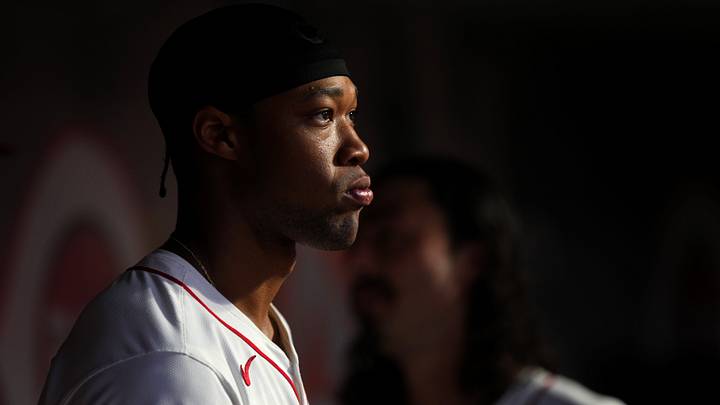 Cincinnati Reds outfielder Will Benson (30) looks out onto the field in the eighth inning of a baseball game against the San Diego Padres, Tuesday, May 21, 2024, at Great American Ball Park in Cincinnati. The Cincinnati Reds won, 2-0.