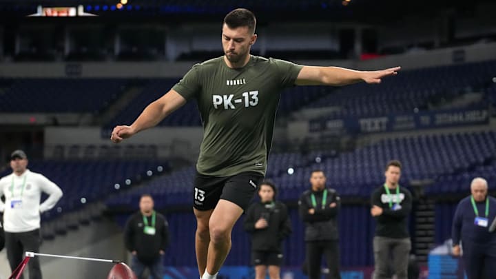 Mar 3, 2024; Indianapolis, IN, USA; Oklahoma State place kicker Alex Hale (PK13) during the 2024 NFL Combine at Lucas Oil Stadium. Mandatory Credit: Kirby Lee-Imagn Images