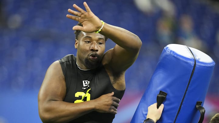 Feb 26, 2026; Indianapolis, IN, USA; Southeastern Louisiana defensive lineman Kaleb Proctor (DL25) during the NFL Scouting Combine  at Lucas Oil Stadium. Mandatory Credit: Kirby Lee-Imagn Images