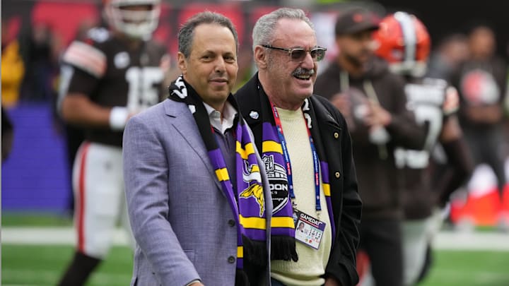 Oct 5, 2025; Tottenham, United Kingdom; Minnesota Vikings owners Mark Wilf (left) and Zygi Wilf during an NFL International Series game against the Cleveland Browns at Tottenham Hotspur Stadium.