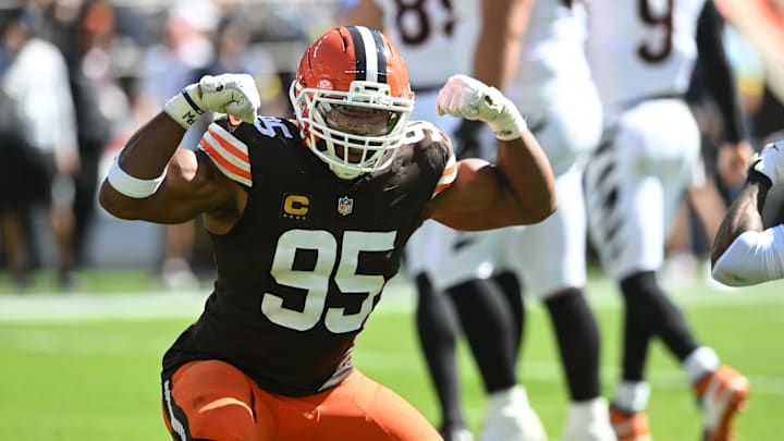 Sep 7, 2025; Cleveland, Ohio, USA; Cleveland Browns defensive end Myles Garrett (95) celebrates after a play during the second half against the Cincinnati Bengals at Huntington Bank Field. Mandatory Credit: Ken Blaze-Imagn Images Sep 7, 2025; Cleveland, Ohio, USA; Cleveland Browns defensive end Myles Garrett (95) celebrates after a play during the second half against the Cincinnati Bengals at Huntington Bank Field. Mandatory Credit: Ken Blaze-Imagn Images