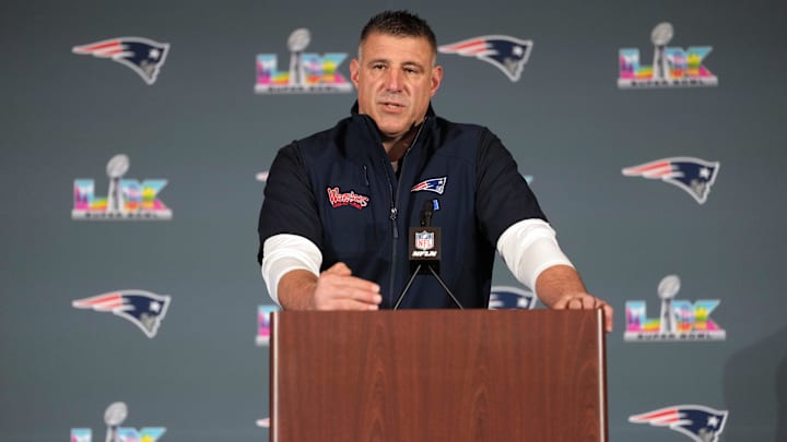 Feb 5, 2026; Santa Clara, CA, USA; New England Patriots head coach Mike Vrabel talks to media members at the Santa Clara Marriott. Mandatory Credit: Darren Yamashita-Imagn Images