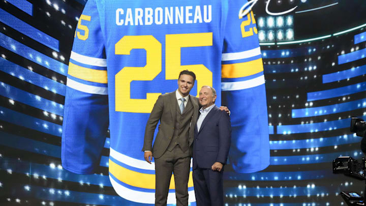 Jun 27, 2025; Los Angeles, California, USA; Justin Carbonneau is selected as the 19th overall pick to the St. Louis Blues in the first round of the 2025 NHL Draft at Peacock Theater. Mandatory Credit: Kirby Lee-Imagn Images