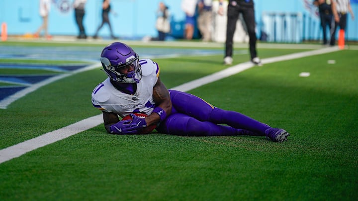 Minnesota Vikings wide receiver Trent Sherfield Sr. (11) downs a punt at the one foot yardline during the third quarter against the Tennessee Titans at Nissan Stadium in Nashville, Tenn., Sunday, Nov. 17, 2024. Minnesota Vikings wide receiver Trent Sherfield Sr. (11) downs a punt at the one foot yardline during the third quarter against the Tennessee Titans at Nissan Stadium in Nashville, Tenn., Sunday, Nov. 17, 2024.