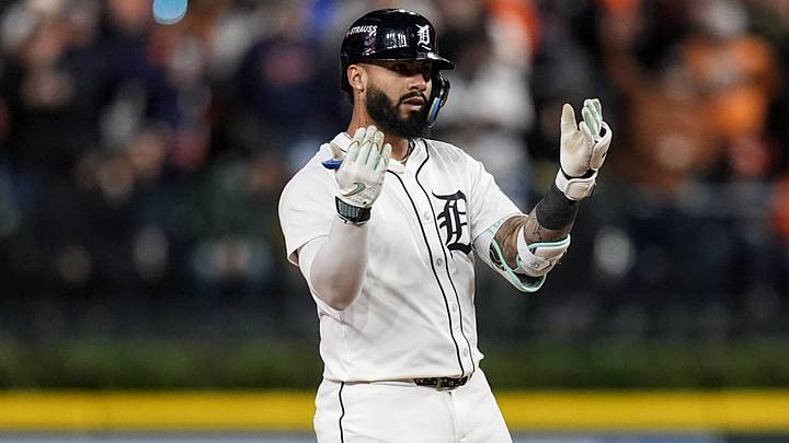 Tigers second baseman Gleyber Torres celebrates a double at Comerica Park. Tigers second baseman Gleyber Torres celebrates a double at Comerica Park.