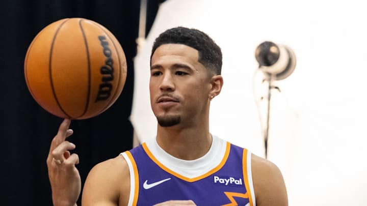 Sep 24, 2025; Phoenix, AZ, USA; Phoenix Suns guard Devin Booker (1) poses for portrait during Media Day at PHX Arena. Mandatory Credit: Mark J. Rebilas-Imagn Images Sep 24, 2025; Phoenix, AZ, USA; Phoenix Suns guard Devin Booker (1) poses for portrait during Media Day at PHX Arena. Mandatory Credit: Mark J. Rebilas-Imagn Images
