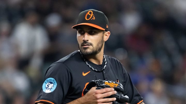 Apr 7, 2025; Phoenix, Arizona, USA; Baltimore Orioles pitcher Zach Eflin against the Arizona Diamondbacks at Chase Field. Mandatory Credit: Mark J. Rebilas-Imagn Images Apr 7, 2025; Phoenix, Arizona, USA; Baltimore Orioles pitcher Zach Eflin against the Arizona Diamondbacks at Chase Field. Mandatory Credit: Mark J. Rebilas-Imagn Images