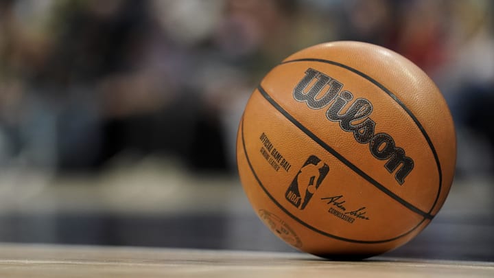 Dec 27, 2021; Minneapolis, Minnesota, USA; A detailed view of an official NBA Wilson basketball on the court during the game between the Minnesota Timberwolves and Boston Celtics at Target Center.