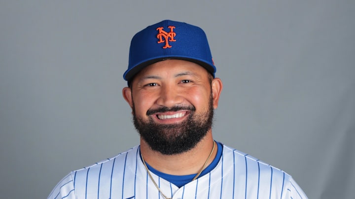 Feb 20, 2025; Port St. Lucie, FL, USA; New York Mets pitcher Rico Garcia (50) poses for a photo during picture day at Clover Park. Mandatory Credit: Sam Navarro-Imagn Images